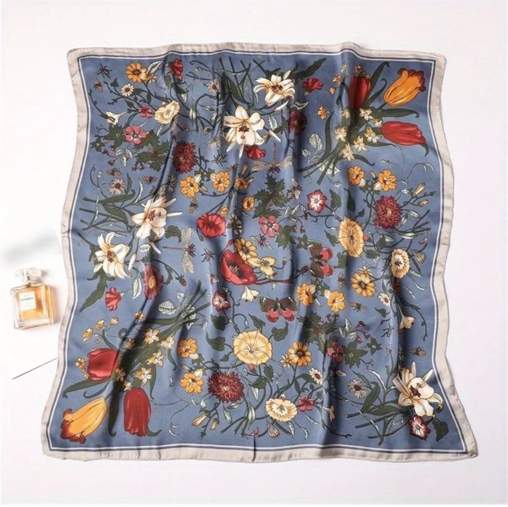 Blue floral scarf Plant nature print floral fauna imitation silk swrap